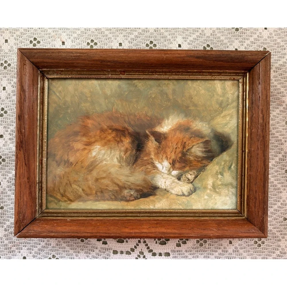 Vintage Framed Sleeping Kitten Print | Vintage Cat Art | Wood Frame Gold Trim - Picture 3 of 5